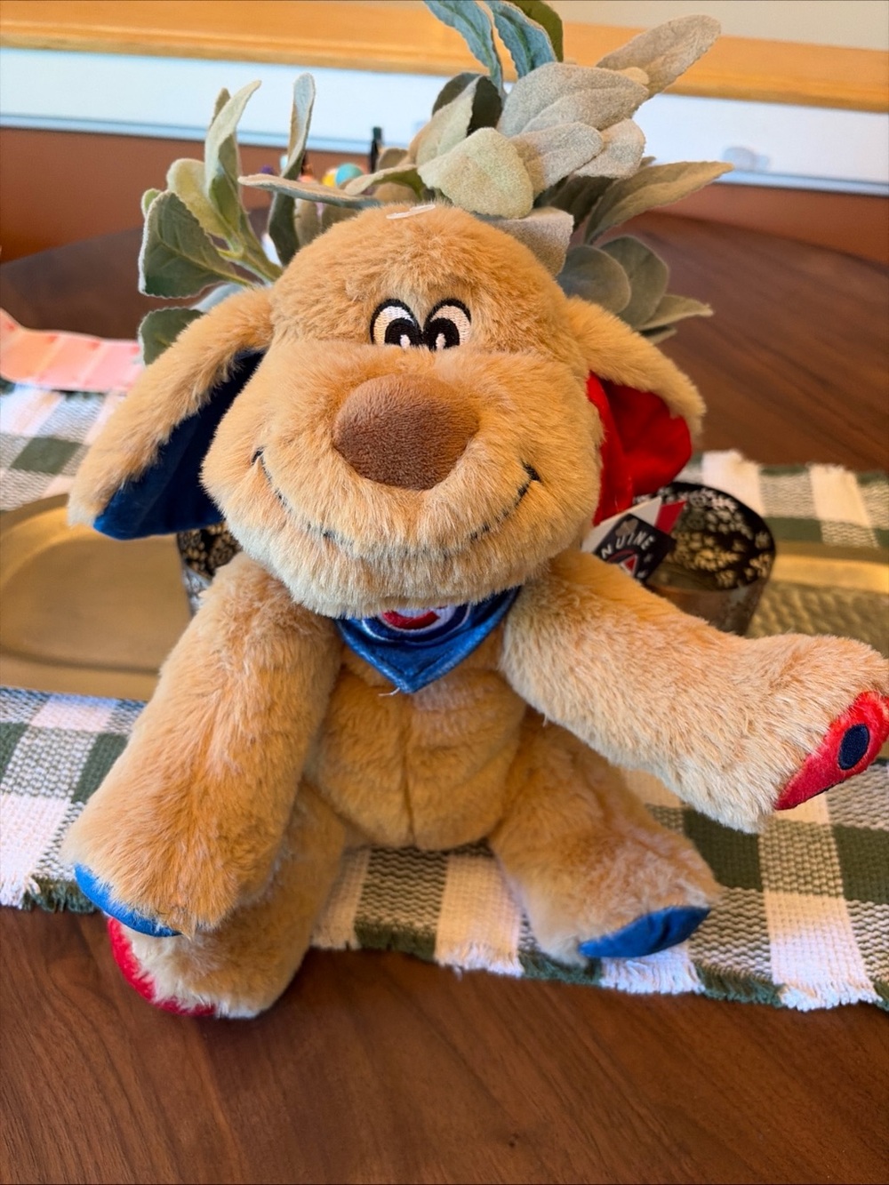 Plush Tan Puppy Stuffed Animal with Blue & Red Accents
